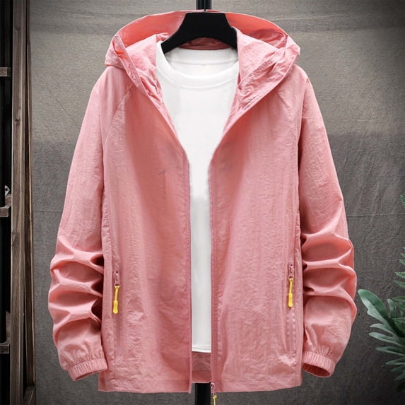 GUZOM Mens Hooded Windbreaker Jacket Lightweight Nylon Active Outdoor UV Protection Moisture Wicking Packable for Travel Casual Zippered Pockets Pink,Size XL