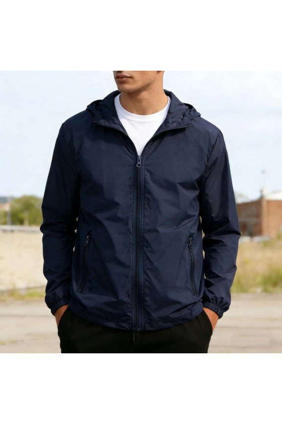 Mens Hooded Windbreaker Jacket Lightweight Water Resistant Packable Nylon Spandex Travel Hiking Outdoor Breathable with Zipper Pockets Navy,Size 2XL