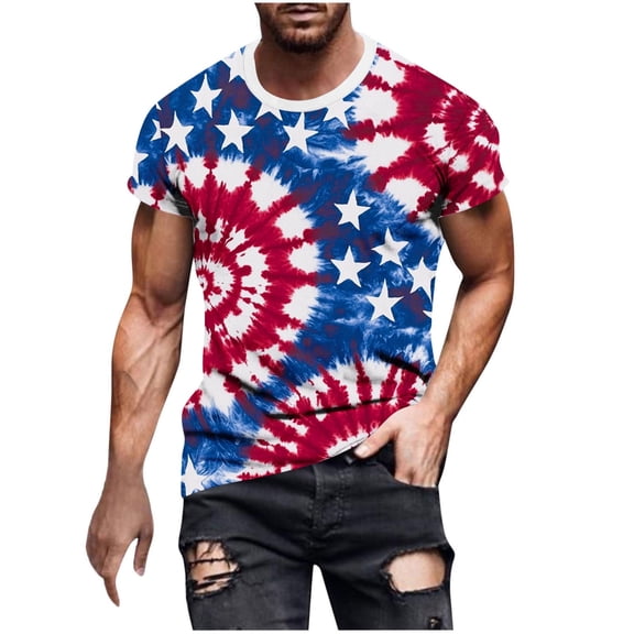 GUZOM Mens Hot Pink 4th of July Patriotic Tie Dye T-Shirt American Flag Short Sleeve Crew Neck,Size 4XL
