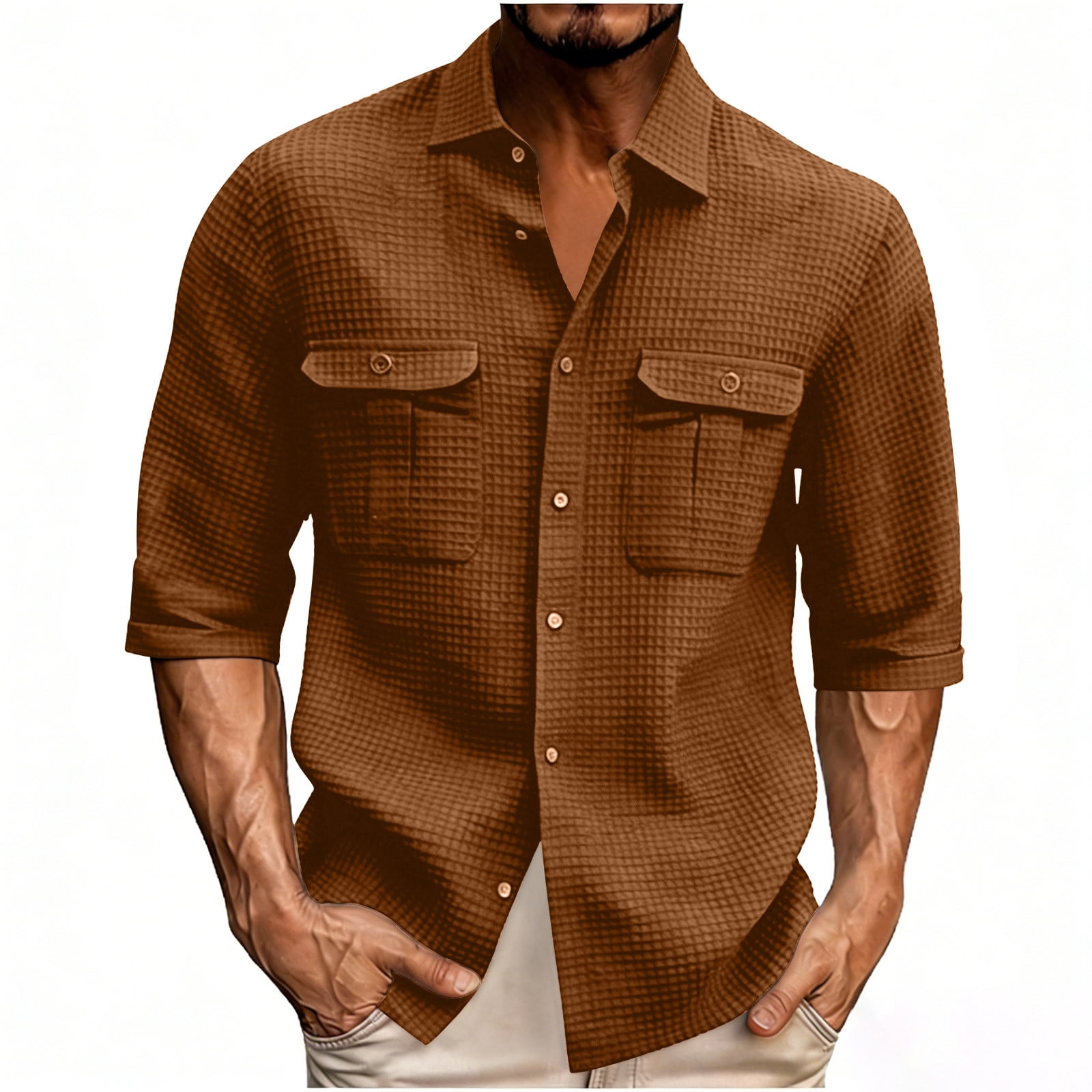 GUZOM Mens Khaki Waffle Knit Shirt Long Sleeve Thermal Button Down ...