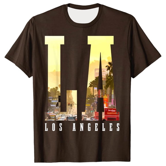 GUZOM Mens LA T-Shirt Brown, Los Angeles Graphic Tee with Palm Trees Cityscape, Breathable Stretch Short Sleeve Casual Shirt, Regular Fit,Size M