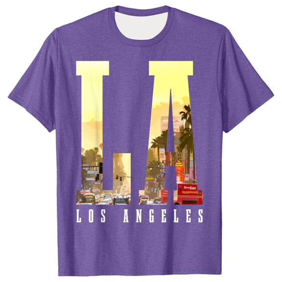 GUZOM Mens LA T-Shirt Purple, Los Angeles Graphic Tee with Cityscape & Palm Trees, Breathable Stretch Short Sleeve, Regular Fit Casual Shirt,Size M