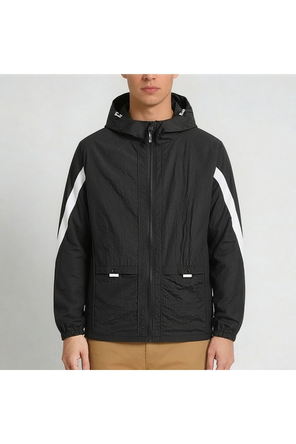 Mens Lightweight Hooded Windbreaker Jacket Water Resistant Nylon Spandex Full Zip Active Outdoor Jacket with Striped Sleeves Black,Size L