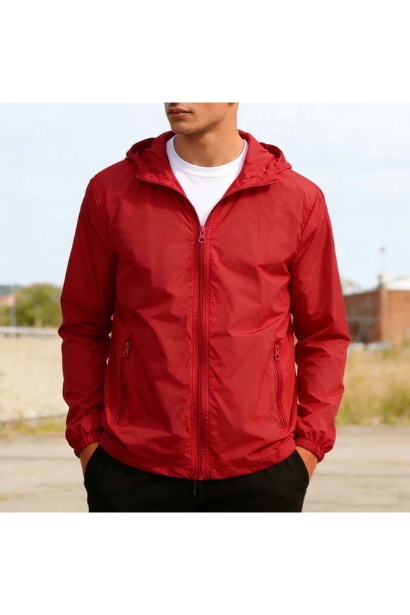 Mens Lightweight Hooded Windbreaker Jacket Water Resistant Packable Nylon Spandex for Travel Hiking Outdoor Running with Zipper Pockets Red,Size M