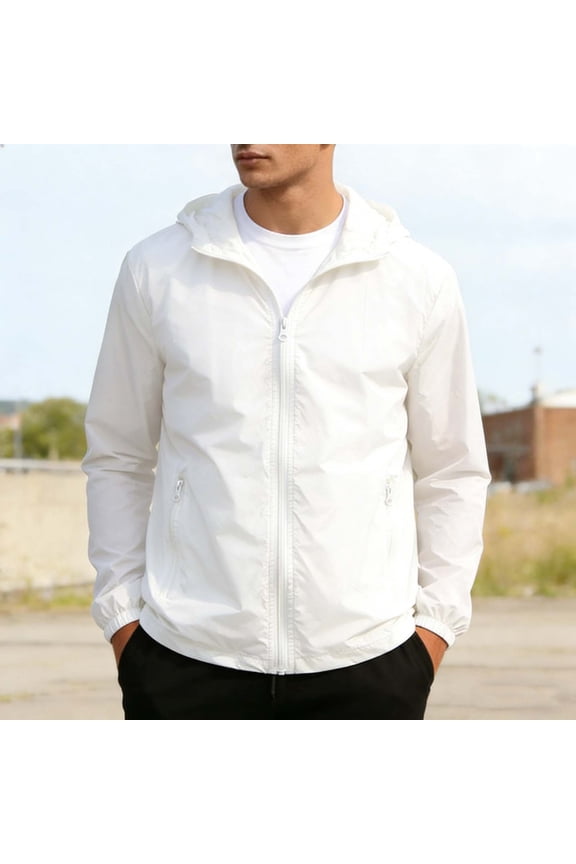 Mens Lightweight Hooded Windbreaker Jacket Water Resistant Packable Nylon Spandex for Travel Hiking Running Outdoor with Zipper Pockets White,Size XL
