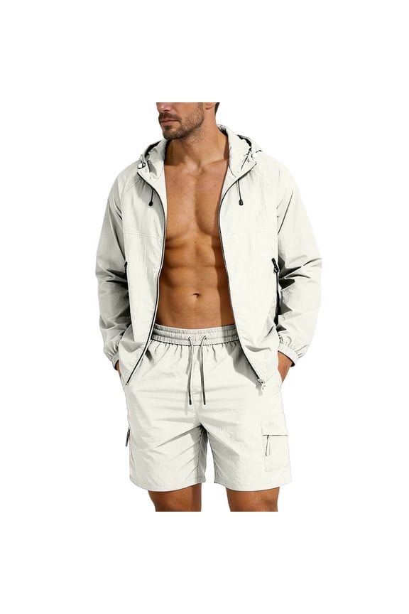 Mens Lightweight UPF 50+ Sun Protection Hooded Jacket, Breathable Nylon Spandex, Packable with Zipper Pockets, Beige,Size L