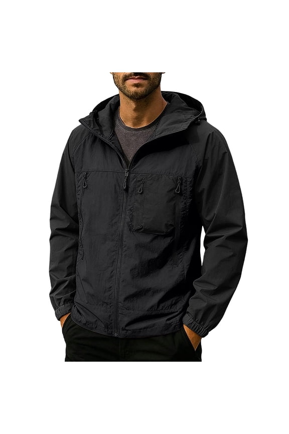 Mens Lightweight UPF 50+ Sun Protection Hooded Windbreaker Jacket Water Resistant Packable Black,Size S