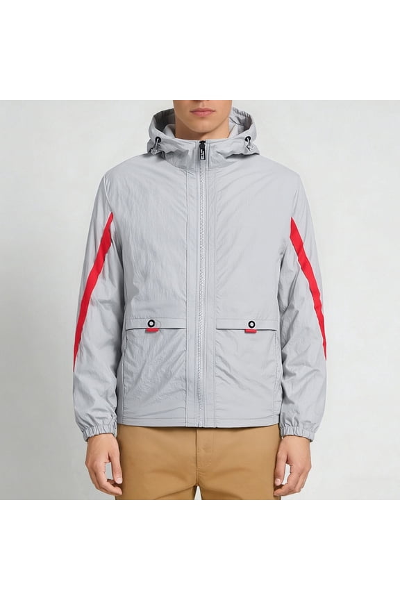 Mens Lightweight Windbreaker Jacket Hooded Water Resistant Windproof Athletic Jacket for Outdoor Hiking Nylon Spandex Full Zip Striped Sleeves Gray,Size XL