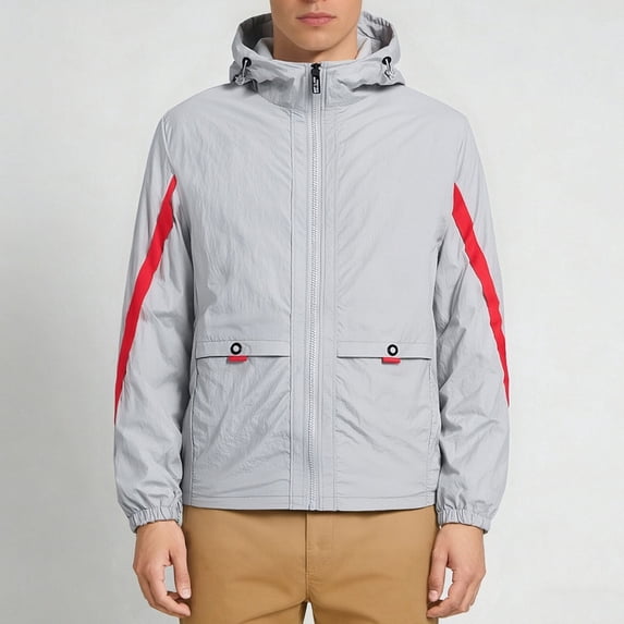 GUZOM Mens Lightweight Windbreaker Jacket Hooded Water Resistant Windproof Athletic Jacket for Outdoor Hiking Nylon Spandex Full Zip Striped Sleeves Gray,Size L