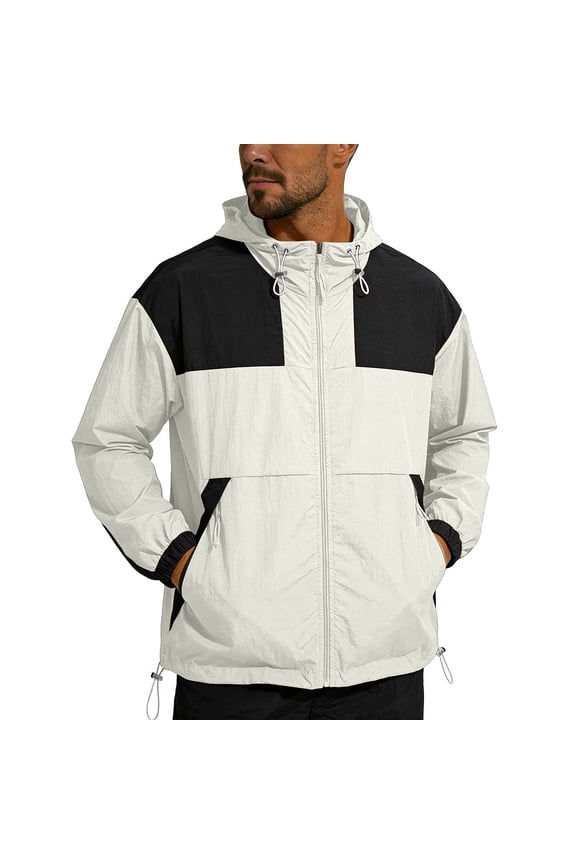 Mens Lightweight Windbreaker Jacket UV Protection Nylon Spandex Color Block Beige Hooded,Size 2XL