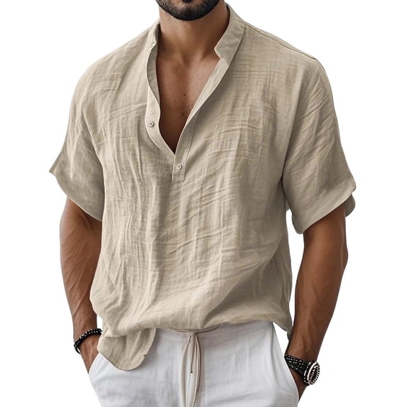 GUZOM Mens Linen Blend Henley Shirt Relaxed Fit Short Sleeve Beige Casual Summer Button Tee,Size S