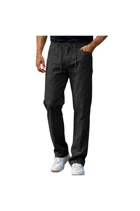 Mens Linen Cotton Pants Straight Leg Black, Drawstring Waist Casual Summer Breathable Trousers for Everyday Wear,Size 3XL