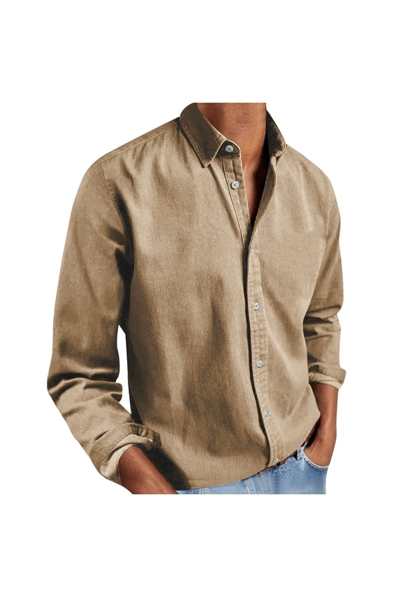 Mens Long Sleeve Button Up Shirt Khaki Solid Color, Wrinkle Free Regular Fit Casual Work Shirt for Men, Big & Tall Sizes Available,Size 3XL