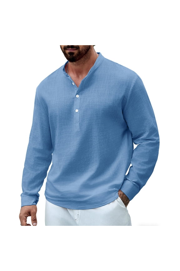 Mens Long Sleeve Henley Shirt 100% Cotton Blue Regular Fit 4 Button Placket Lightweight Breathable Casual Everyday Tee Top,Size S