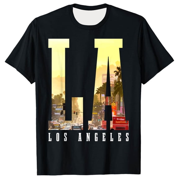 GUZOM Mens Los Angeles T-Shirt Black, LA Graphic Tee with City Skyline Design, Stretch Breathable Short Sleeve Regular Fit Casual Shirt,Size 2XL