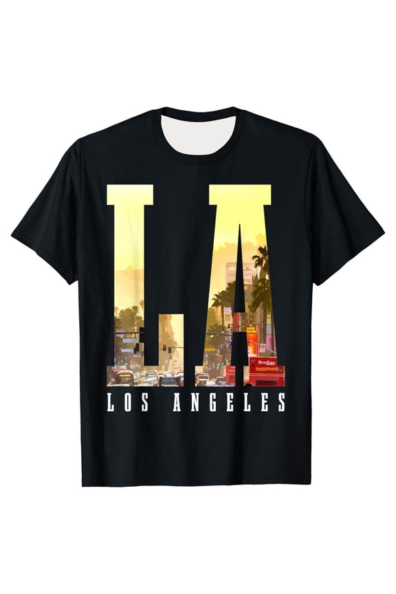 Mens Los Angeles T-Shirt Black, LA Graphic Tee with City Skyline Design, Stretch Breathable Short Sleeve Regular Fit Casual Shirt,Size M