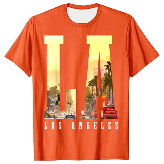 GUZOM Mens Los Angeles T-Shirt Orange, LA Graphic Tee with Palm Trees & Cityscape, Breathable Stretch Short Sleeve, Regular Fit Casual Shirt,Size L