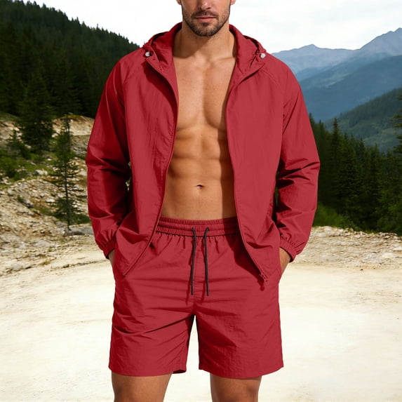 GUZOM Mens Matching 2 Piece Set Tracksuit Athletic Shorts with Hooded Jacket Nylon Spandex Quick Dry for Gym Running Training Red,Size XL