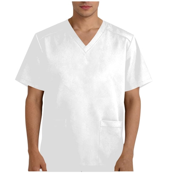 GUZOM Mens Medical Work Shirt & Scrub Top for Men - Short Sleeve V-Neck, Stretch Breathable with Two Pockets for Nurses, Doctors - White,Size L