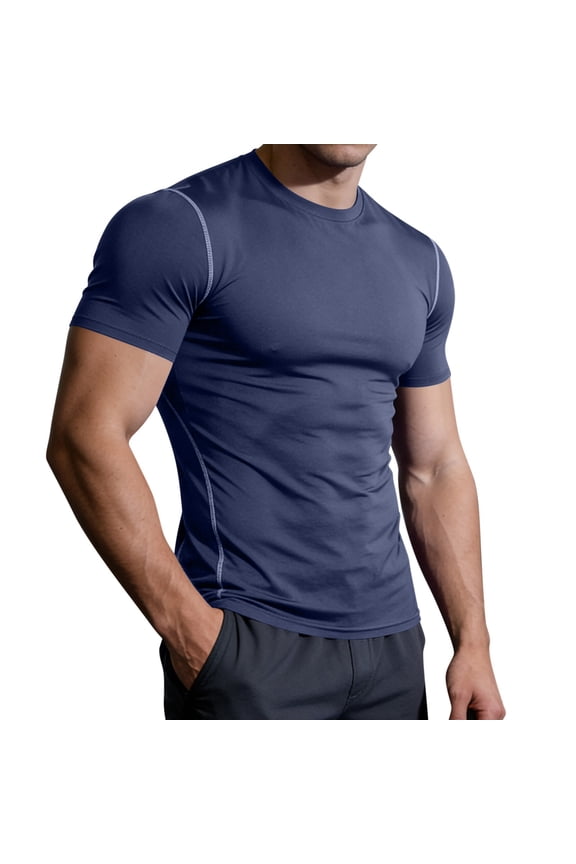 Mens Moisture Wicking Compression Shirt Quick Dry Athletic Base Layer Gym Workout Training Top Slim Fit Navy S-XXXL,Size 2XL
