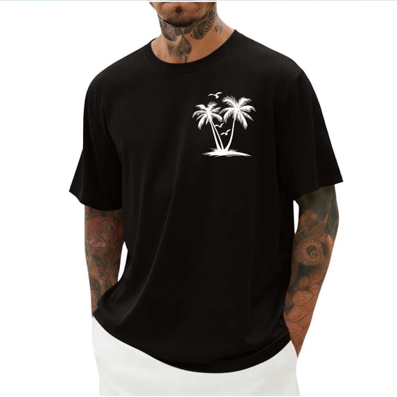 GUZOM Mens Moisture Wicking Quick Dry Tropical Palm Tree Graphic Tee Relaxed Fit Crew Neck Summer Beach T-Shirt, Black,Size L