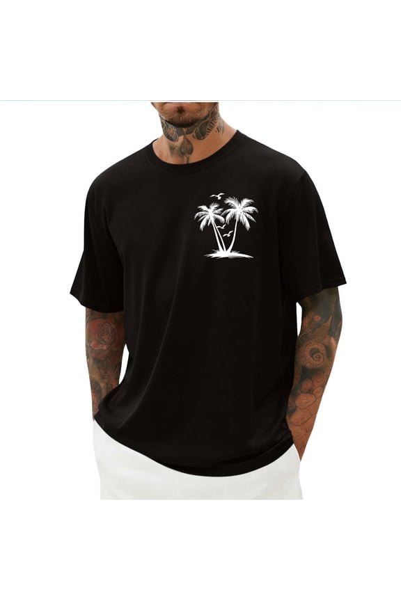 Mens Moisture Wicking Quick Dry Tropical Palm Tree Graphic Tee Relaxed Fit Crew Neck Summer Beach T-Shirt, Black,Size M