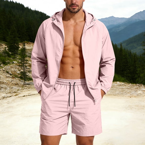 GUZOM Mens Nylon Spandex Matching Set 2 Piece Outfit Tracksuit Quick Dry Athletic Shorts with Hooded Jacket for Gym Running Training Casual Lounge Pink,Size M