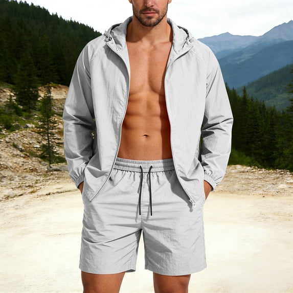 GUZOM Mens Nylon Spandex Tracksuit 2 Piece Outfit Quick Dry Athletic Shorts Set with Hoodie Matching Lounge Wear for Gym Running Training Gray,Size M