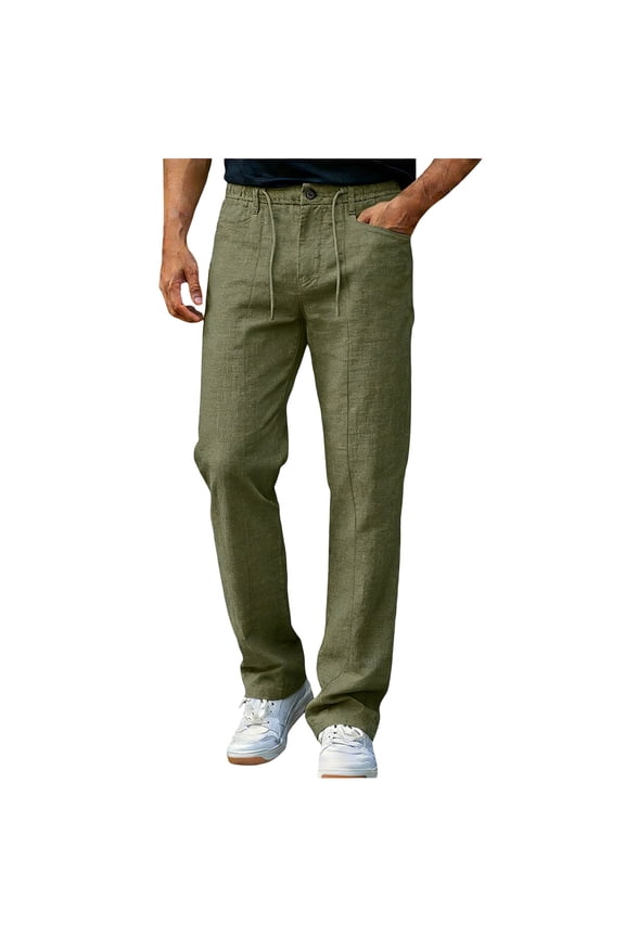 Mens Olive Green Casual Pants, Straight Leg Cotton Linen Blend with Drawstring Waist, Breathable Summer Trousers for Everyday Wear,Size XL