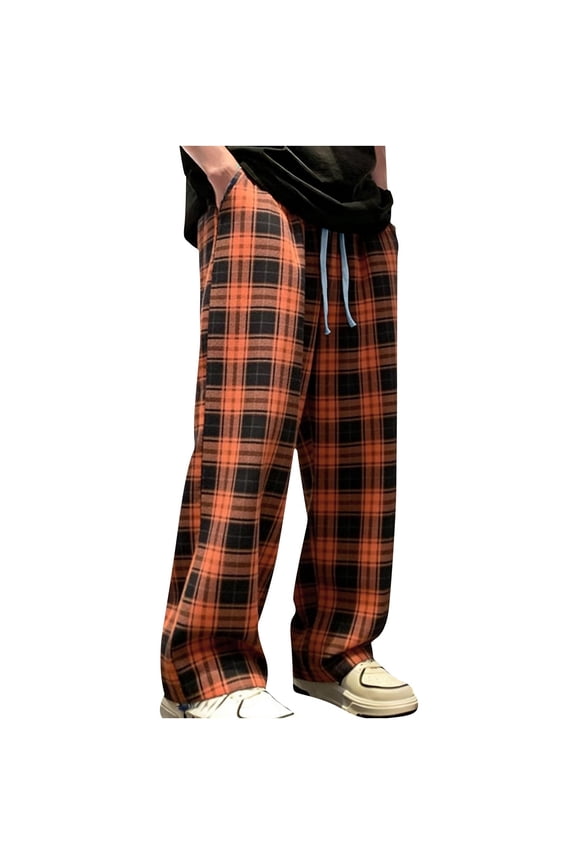 Mens Orange Plaid Casual Pants, Checkered Relaxed Fit Trousers with Drawstring Waist, Soft Polyester Lounge Pants for Men, Sizes S-XXXL,Size M