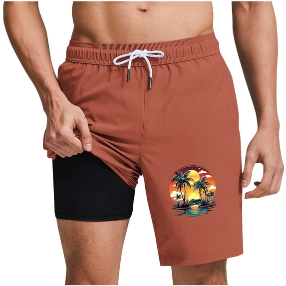 GUZOM Mens Orange Swim Trunks Board Shorts Quick Dry with Liner 5" Inseam Tropical Print Polyester for Beach Swimming Pool,Size 2XL