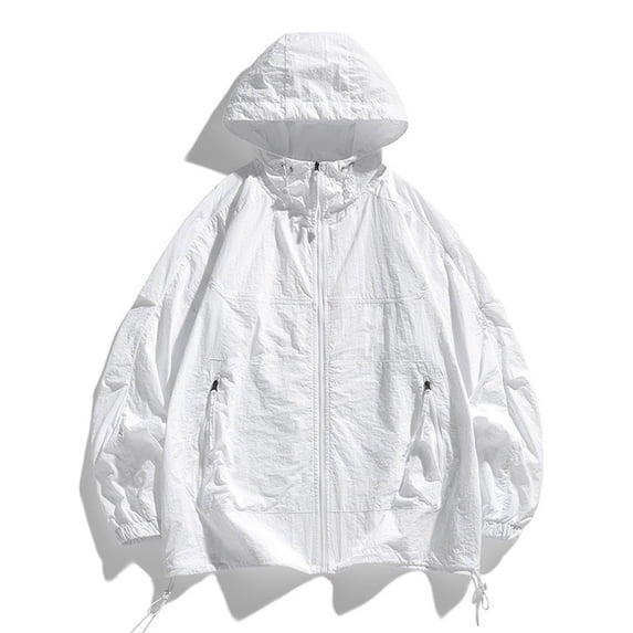 GUZOM Mens Oversized Hooded Windbreaker Jacket Lightweight Nylon Spandee Water Resistant Streetwear Zippered Pockets White XS-XXXXL,Size 3XL