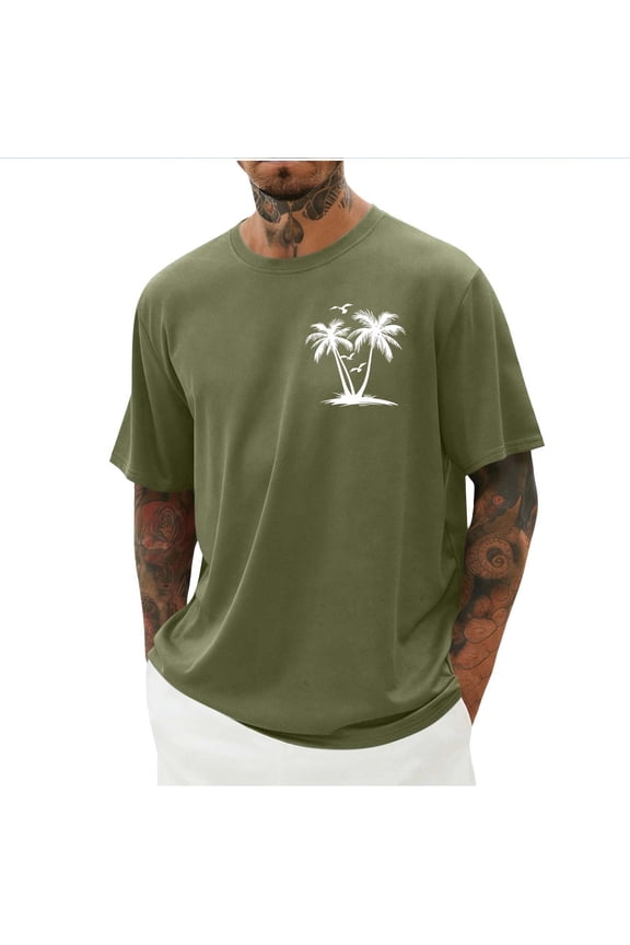Mens Palm Tree Print Short Sleeve T-Shirt Moisture Wicking Quick Dry Relaxed Fit Crew Neck Summer Beach Tee, Army Green,Size M