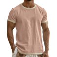 thumbnail image 1 of GUZOM Mens Pink Cotton Linen Blend Short Sleeve T-Shirt Crewneck Contrast Trim Casual Slim Fit Breathable Summer Top,Size XL, 1 of 5