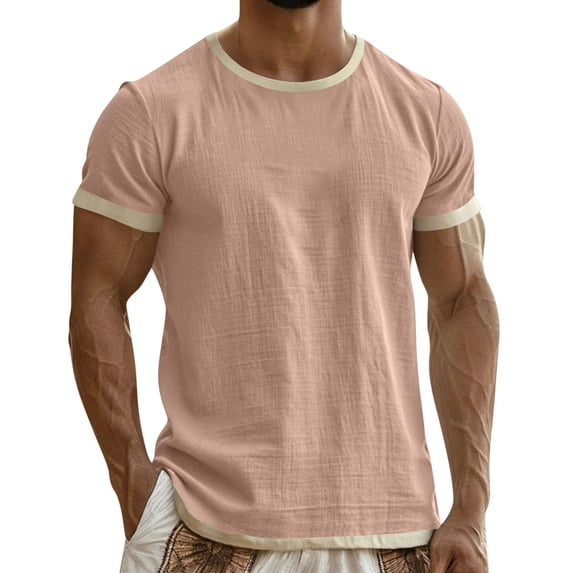 GUZOM Mens Pink Cotton Linen Blend Short Sleeve T-Shirt Crewneck Contrast Trim Casual Slim Fit Breathable Summer Top,Size XL