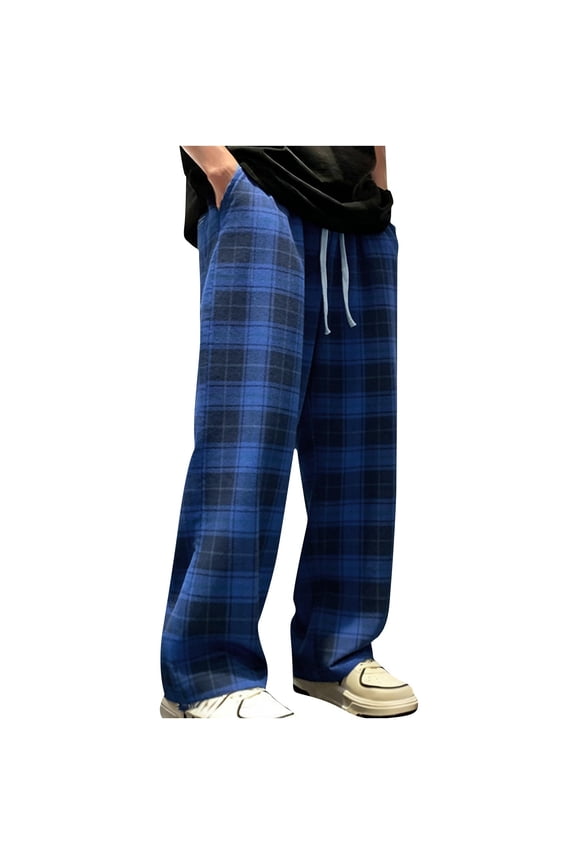 Mens Plaid Pants Relaxed Fit with Drawstring Waist, Blue Casual Trousers, Soft Polyester Elastic Waistband for Men, Sizes S-XXXL,Size M