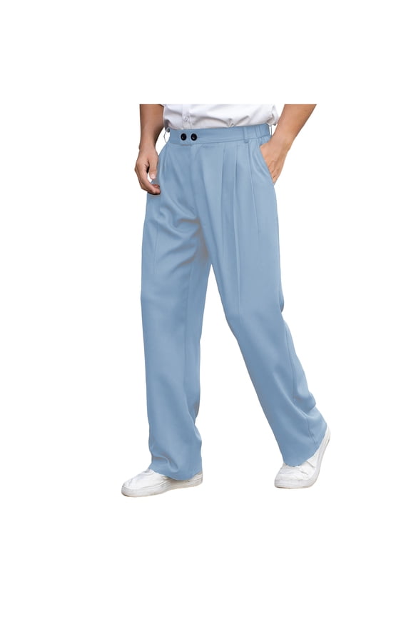 Mens Pleated Light Blue Pants, Straight Leg Wrinkle-Free Dress Trousers, Business Casual Polyester Pants for Office & Everyday,Size L