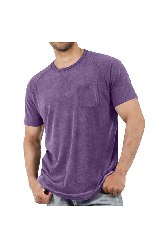 Mens Purple Pocket T-Shirt Relaxed Fit Short Sleeve, Heather Crew Neck Tee for Men Big & Tall, Cotton Blend Casual Shirt,Size 4XL