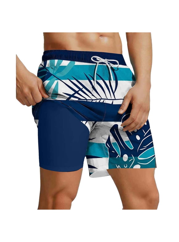 Mens Quick Dry Board Shorts with Elastic Waist & Lining, Tropical Palm Print Blue for Swim Beach Vacation,Size 3XL