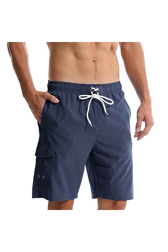 Mens Quick Dry Cargo Swim Trunks Relaxed Fit Elastic Waistband Drawstring Board Shorts Bathing Suit with Pockets Navy,Size XL