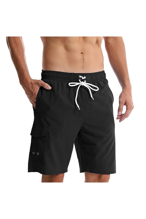 Mens Quick Dry Cargo Swim Trunks with Pockets Elastic Waistband Drawstring Relaxed Fit Beach Board Shorts Bathing Suit Black,Size XL