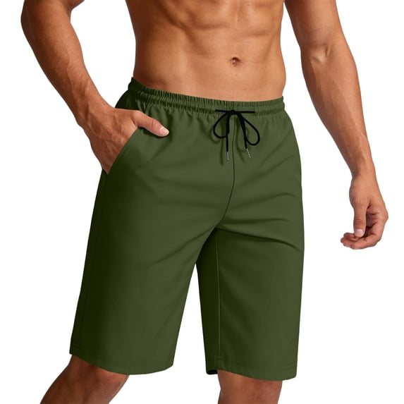 GUZOM Mens Quick Dry Casual Shorts with Pockets 9" Inseam Elastic Waistband Stretch Fit Athletic Hiking Shorts Army Green,Size M