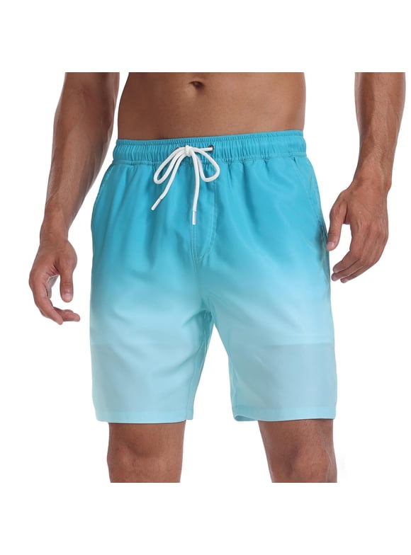 Mens Quick Dry Shorts Light Blue Ombre, Polyester Athletic Swim Trunks with Elastic Waist for Beach, Lounge, Vacation, Sizes S-XXXL,Size S
