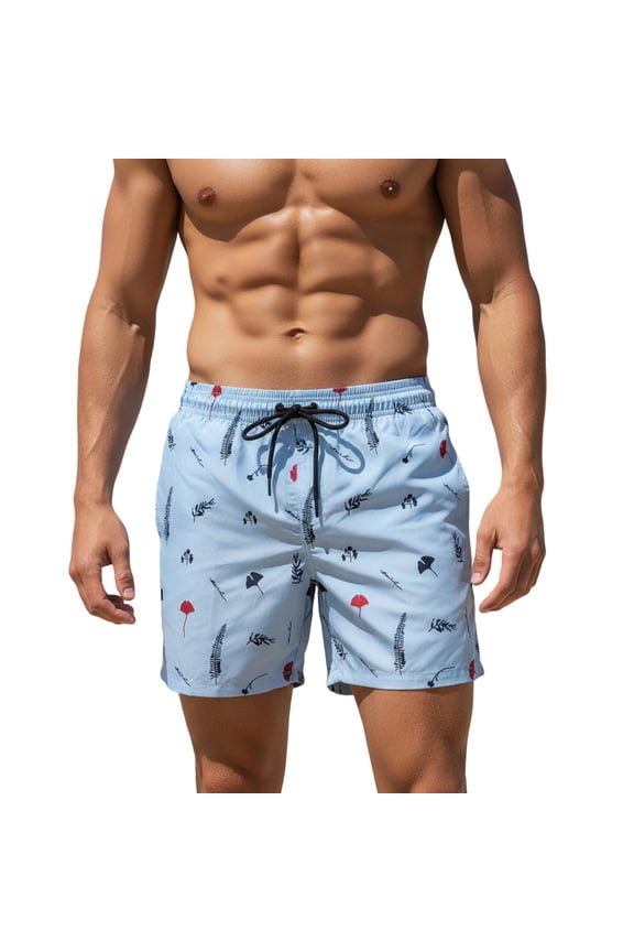 Mens Quick Dry Swim Trunks with Pockets, Blue Floral Botanical Print Board Shorts for Beach Pool & Summer Vacation, Lightweight Nylon Spandex,Size L