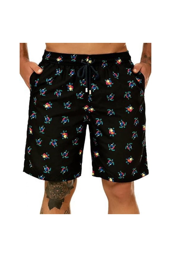 Mens Quick Dry Swim Trunks with Pockets Elastic Waistband Drawstring Black Sea Turtle Print Beach Shorts,Size M