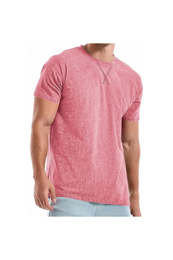 Mens Red Acid Wash T-Shirt, Vintage Crew Neck Relaxed Fit Cotton Blend Stretch Tee, Soft Breathable Short Sleeve Casual Everyday Top,Size M