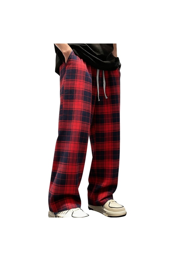 Mens Red Plaid Pants, Checkered Relaxed Fit with Drawstring Waist, Soft Polyester Casual Lounge Trousers for Men, Sizes S-XXXL,Size M