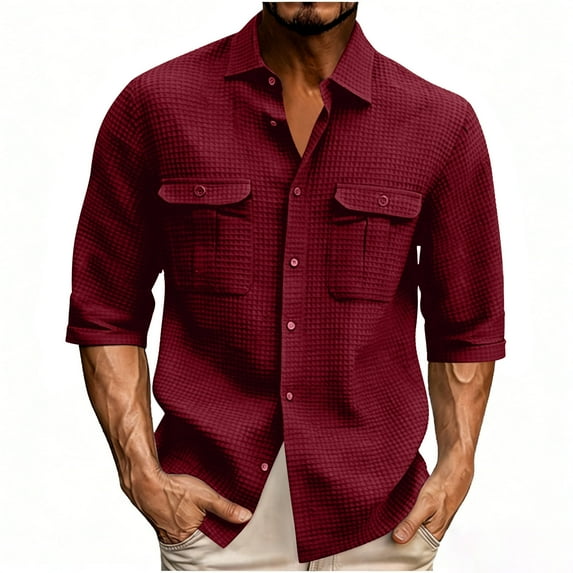 GUZOM Mens Red Thermal Shirt Waffle Knit Long Sleeve Casual Button Down ...