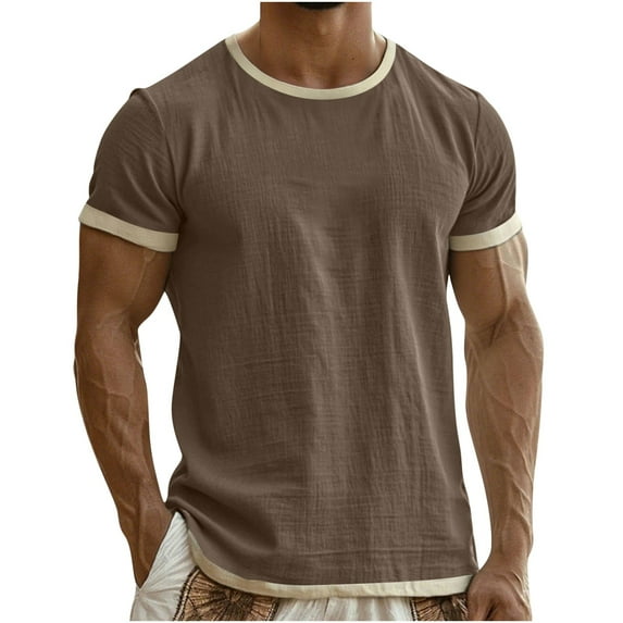 GUZOM Mens Ringer T Shirt, Cotton Linen Blend Coffee Brown, Breathable Summer Vintage Style Short Sleeve Casual Tee for Men,Size 3XL