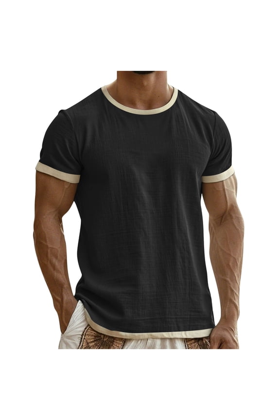 Mens Ringer T-Shirt, Cotton Linen Blend Short Sleeve, Black Breathable Vintage Style Casual Summer Tee,Size S